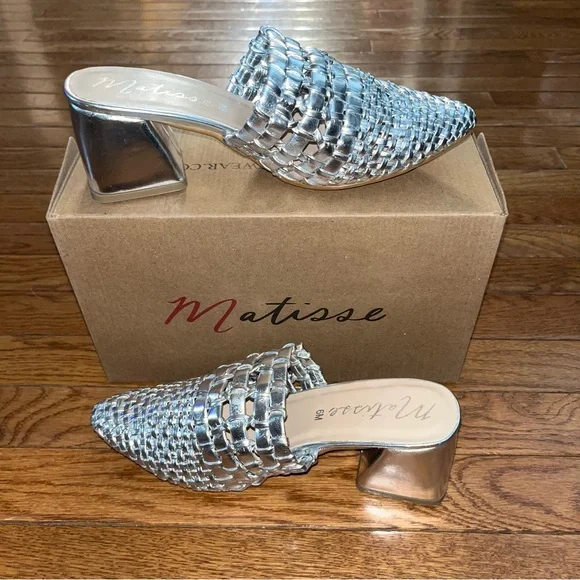 Matisse Lexie Heeled Mules Silver Metallic Leather Women’s Size 6 Woven Style - Picture 3 of 10